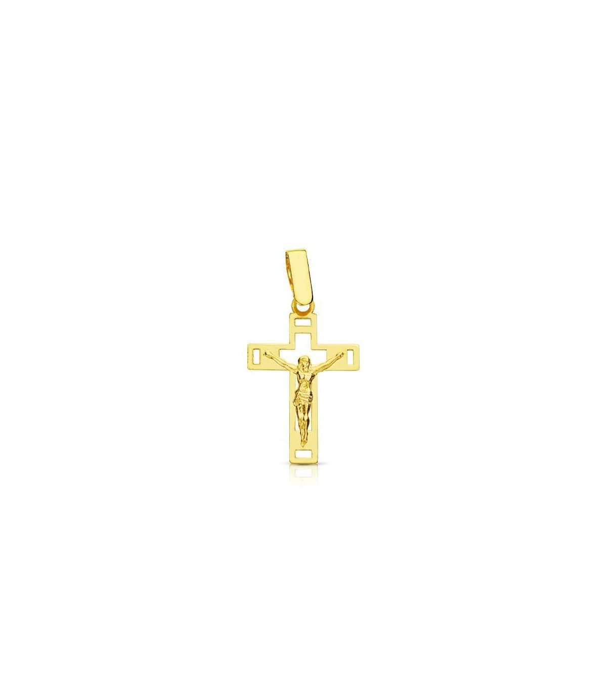 Croce con Cristo traforata oro 750 19 mm - Gioielli per battesimo, comunione e cresima.