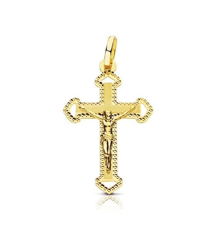 Croce Cristo diamantata 18 carati 25mm, design gotica a lastra e traforata