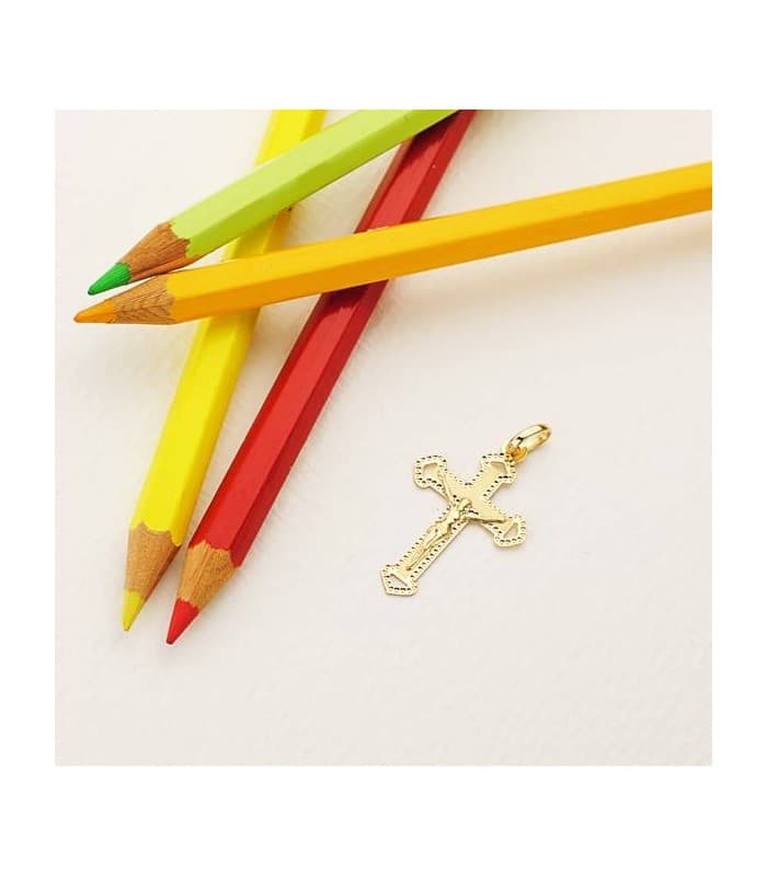 Croce Cristo diamantata 18 carati 25mm, design gotica a lastra e traforata