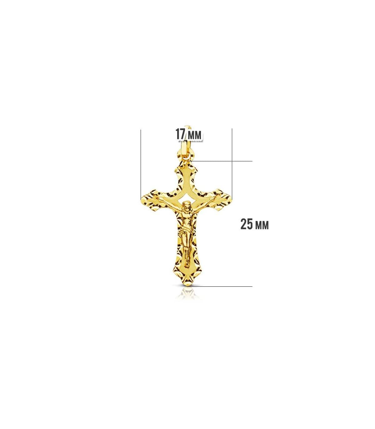 Croce gotica, Cristo in rilievo e finitura lucida e satinata 18 carati 25 mm