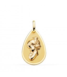 Medaglia madonnina per Bambina, in preghiera forma a goccia lucida 18kt