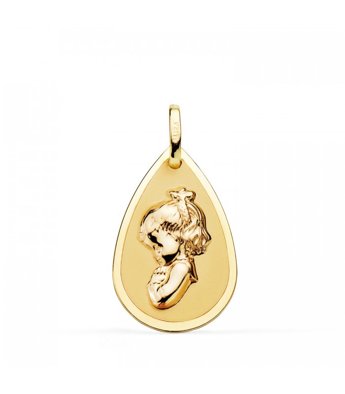 Medaglia madonnina per Bambina, in preghiera forma a goccia lucida 18kt