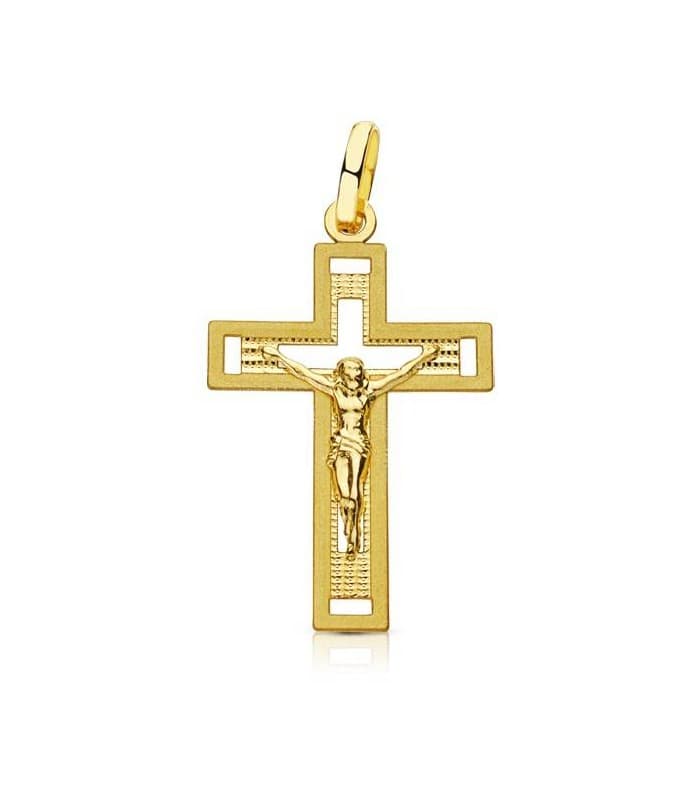 Kreuz mit Jesus aus Gelbgold 750, 25 mm, mattiert – religiöses Kruzifix und Schmuck
