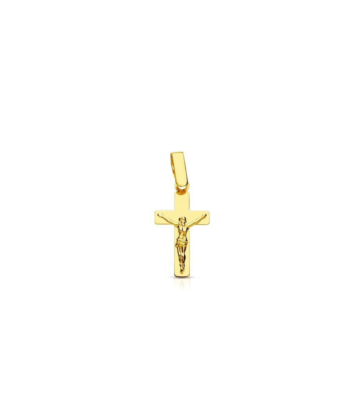Kleiner Kreuzanhänger 18 mm – Goldkreuz 18K, flach und glanz – Geschenk zur Taufe, Kommunion und Konfirmation