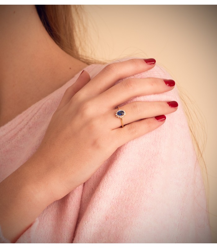 Bague Jasmin Saphir et Diamants Or jaune 18K. Bagues fiançailles pour femme