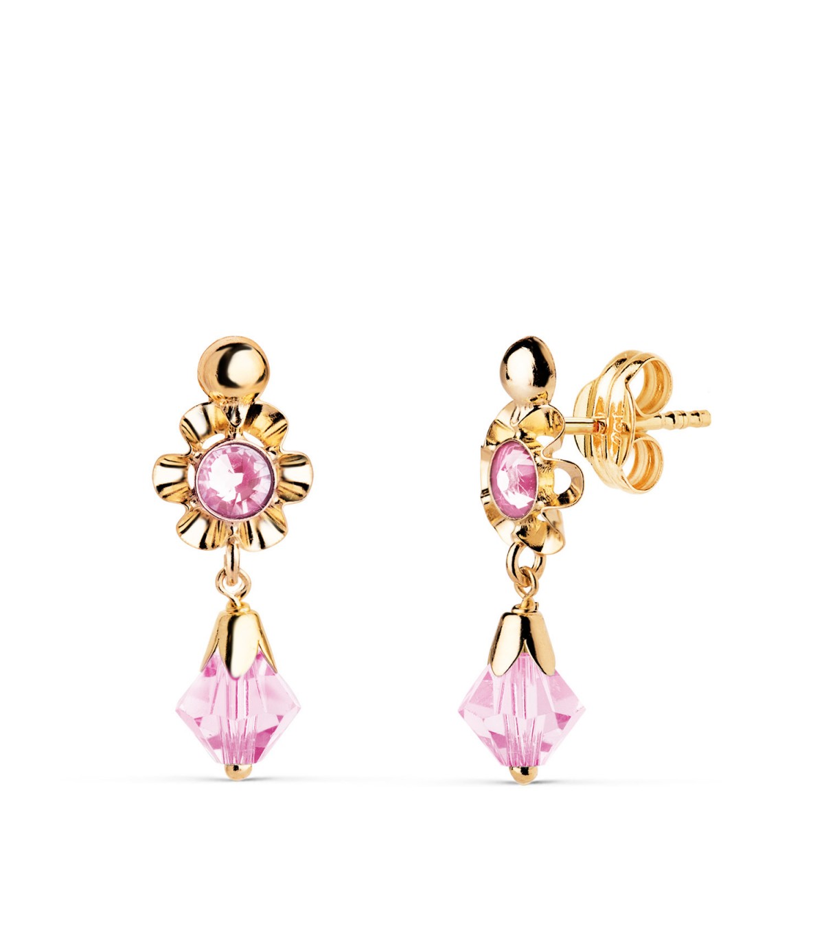 Boucles d'oreilles pendantes pour enfant, Daira pierre rose Or jaune 750