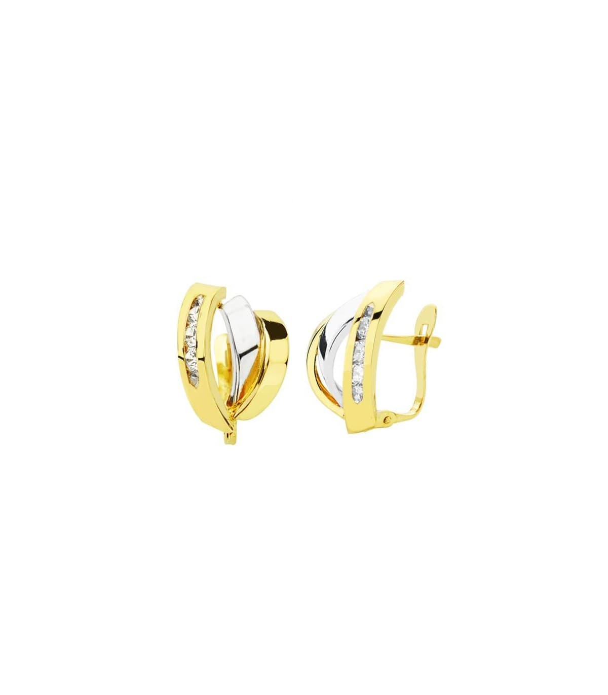 Orecchini fascia da donna in oro bicolore 18 kt, chiusura scatto.