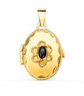 Fotoanhänger – Reliquien Medaillon – Modell Dolores 23 mm, 18 Karat Gelbgold und blauer Stein.