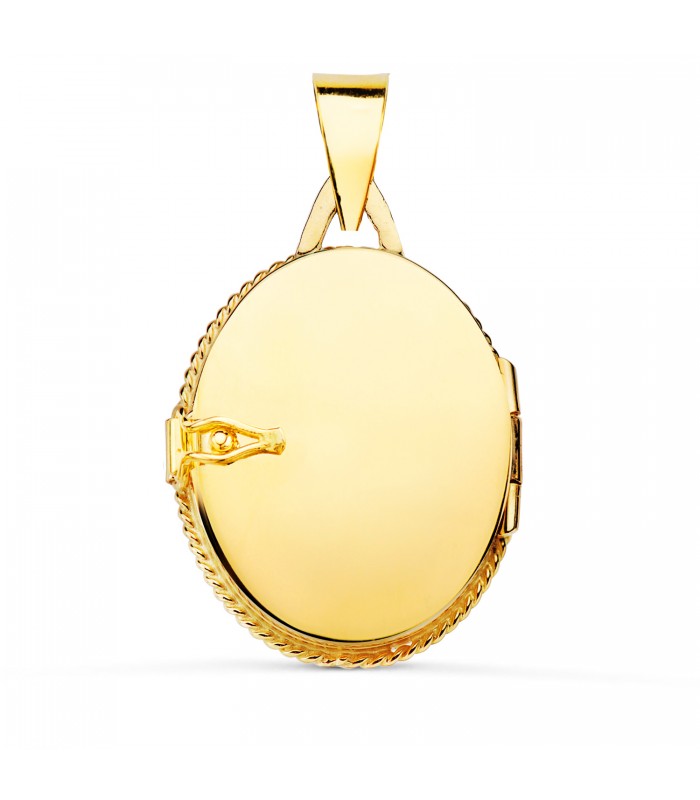Ciondolo portafoto - Medaglione reliquiario - Modello Dolores 23 mm, oro giallo 18 kt e pietra blu.