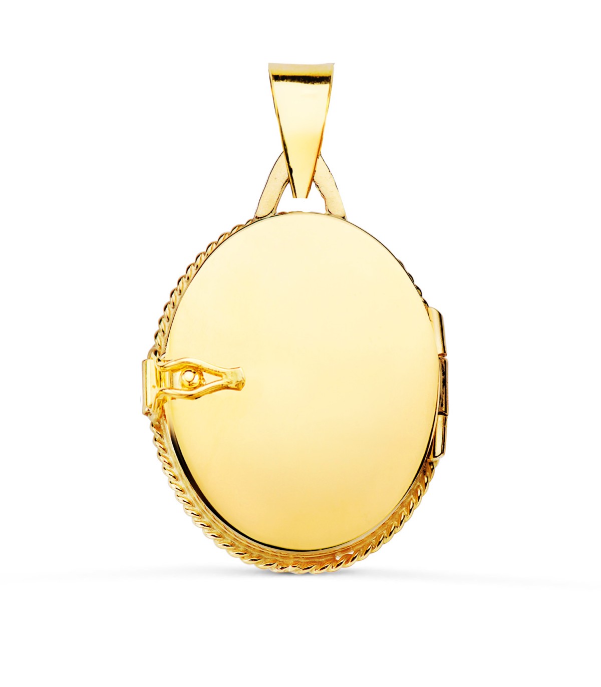 Ciondolo portafoto - Medaglione reliquiario - Modello Dolores 23 mm, oro giallo 18 kt e pietra blu.