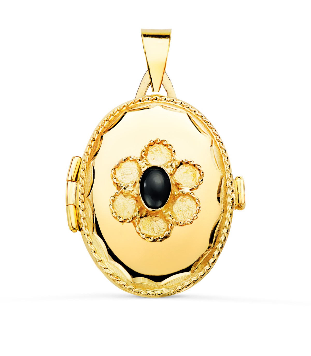 Pendentif porte-photo - Médaillon reliquaire - Modèle Dolores 26 mm, or 750 et pierre bleue.