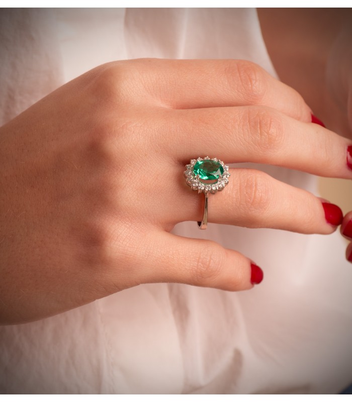 Smaragd Ring mit Diamanten Galadriel 750 Weißgold