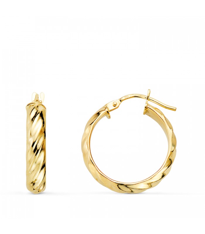Boucles d'oreilles Créoles pour femme avec finition godronnée et corde torsadée. | Or Jaune 18K 18 mm