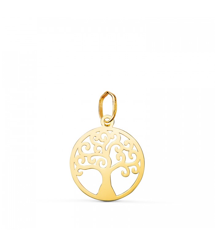 Colgante Árbol de la vida en oro amarillo 750, 14 mm | Amuleto de la suerte, medalla redonda, calada con filigrana