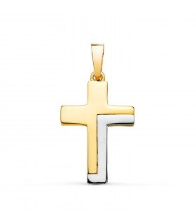 Croce in oro bicolore 18 carati, forma diritta, 22 mm - Croci da comunione per bambine o bambini, ciondolo alla moda per donna.