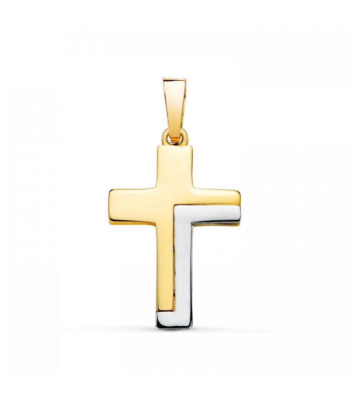 Croix en or bicolore 18 carats, forme recte, 22 mm - Croix de communion pour fille ou garçon, pendentif croix  moderne femme.