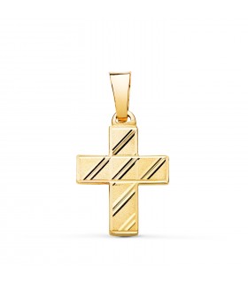 Pendentif avec croix sculptée 20 mm en or jaune 750, finition diamantée et satinée, crucifix unisexe et communion.