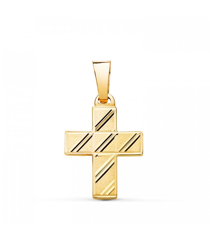 Pendentif avec croix sculptée 20 mm en or jaune 750, finition diamantée et satinée, crucifix unisexe et communion.