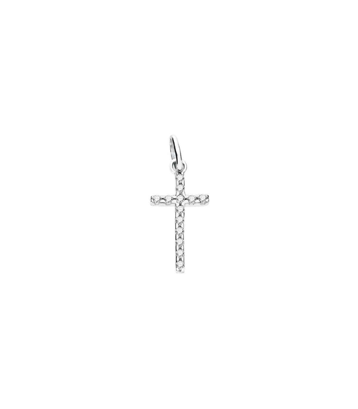 Collana con croce in oro bianco e zirconi, 18 carati, 18 mm, ideale per donna
