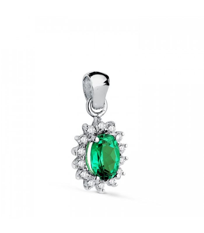 Pendentif pour femme en or blanc 18 carats avec pierre émeraude et diamants. Pendentif avec pierre précieuse.