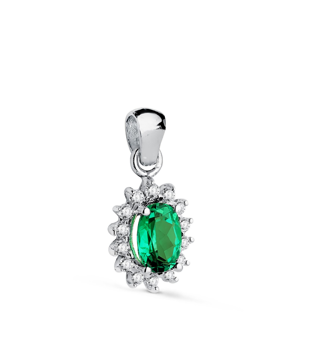Pendentif pour femme en or blanc 18 carats avec pierre émeraude et diamants. Pendentif avec pierre précieuse.