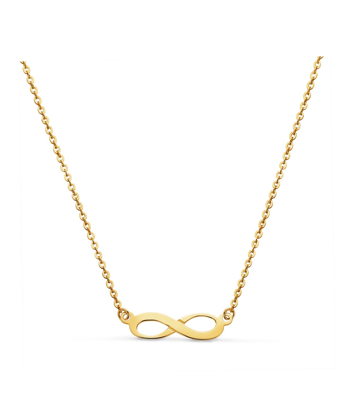 Collar infinito de oro para mujer compuesto por cadena forzada y colgante símbolo infinito.