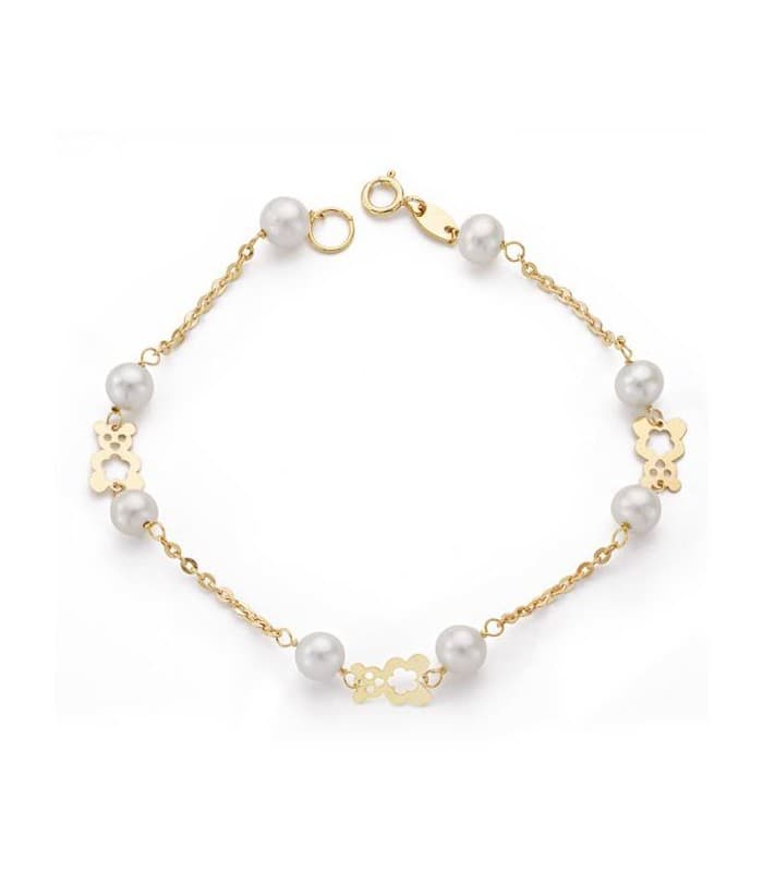 Pulsera oro Patricia 18 Ktes. Pulseras para niñas con perlas y ositos.