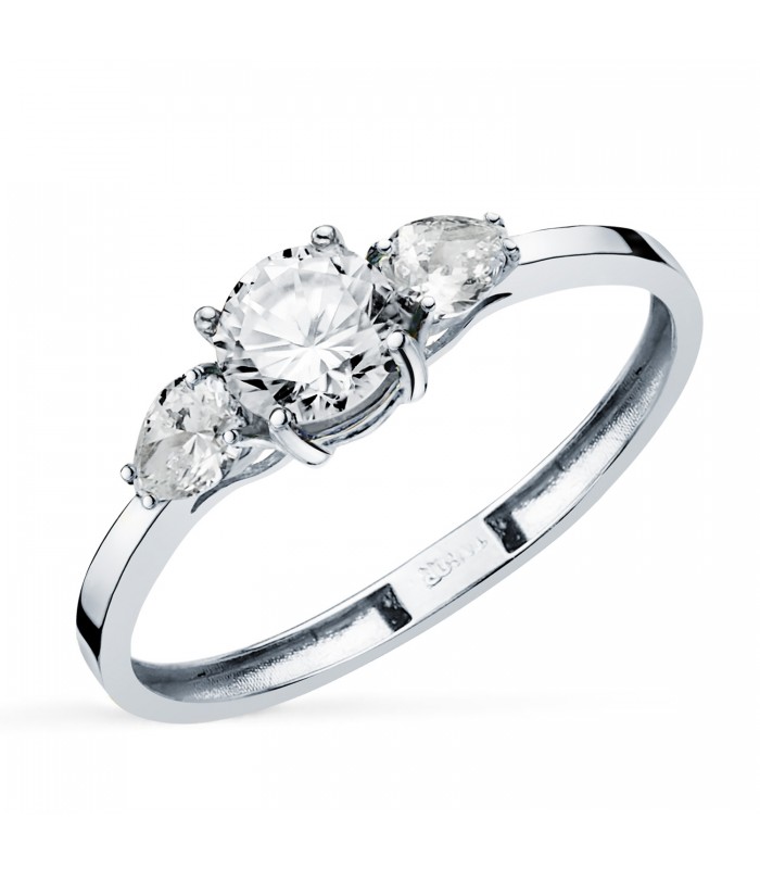 Bague fiançailles Trilogie avec diamants taille brillant et poire - Aura en or blanc 18K
