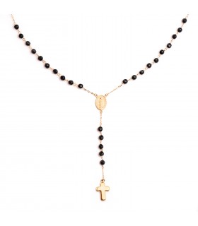 Collier chapelet en or jaune 750, avec croix et médaille miraculeuse, boules onyx – Longueur 60 cm