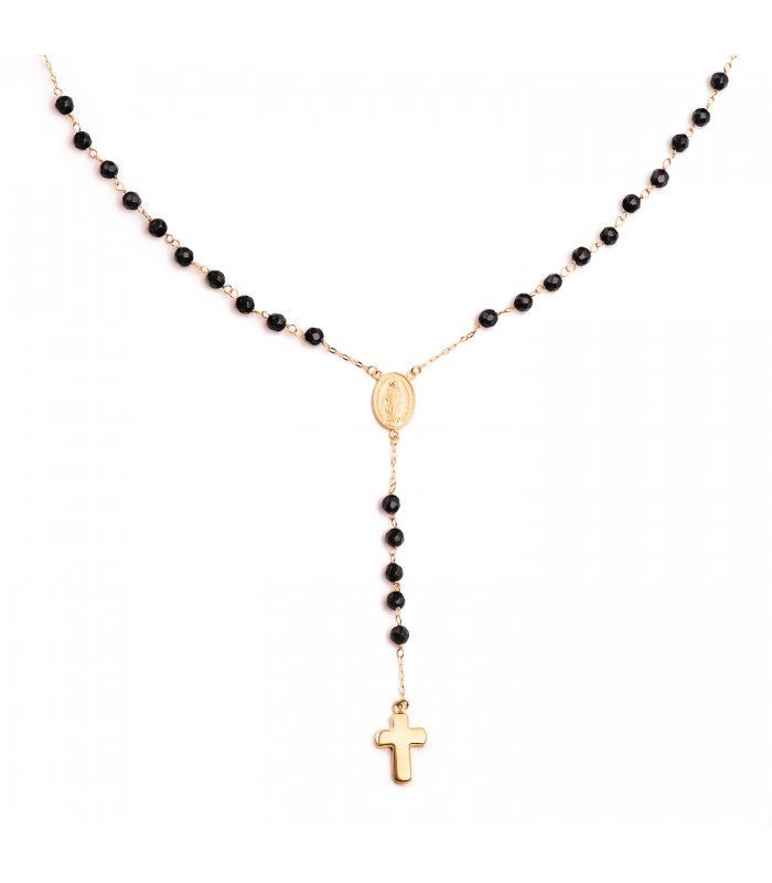 Collier chapelet en or jaune 750, avec croix et médaille miraculeuse, boules onyx – Longueur 60 cm