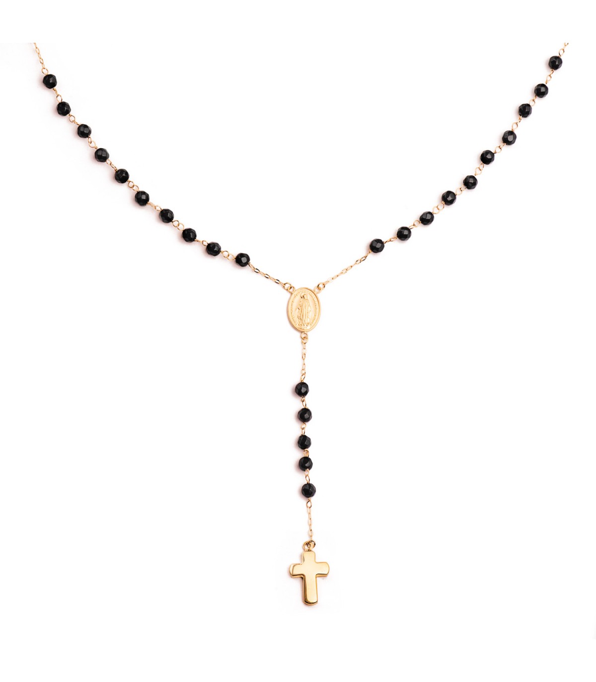 Rosenkranz aus 750er Gelbgold, bestehend aus einem Kreuz, einer Wundertätige-Medaille und Onyx