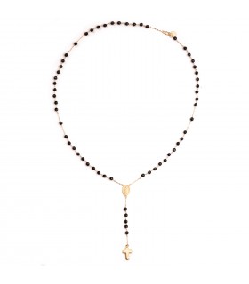 Kette Rosenkranz aus 750er Gelbgold, bestehend aus einem Kreuz, einer Wundertätige-Medaille und Onyx