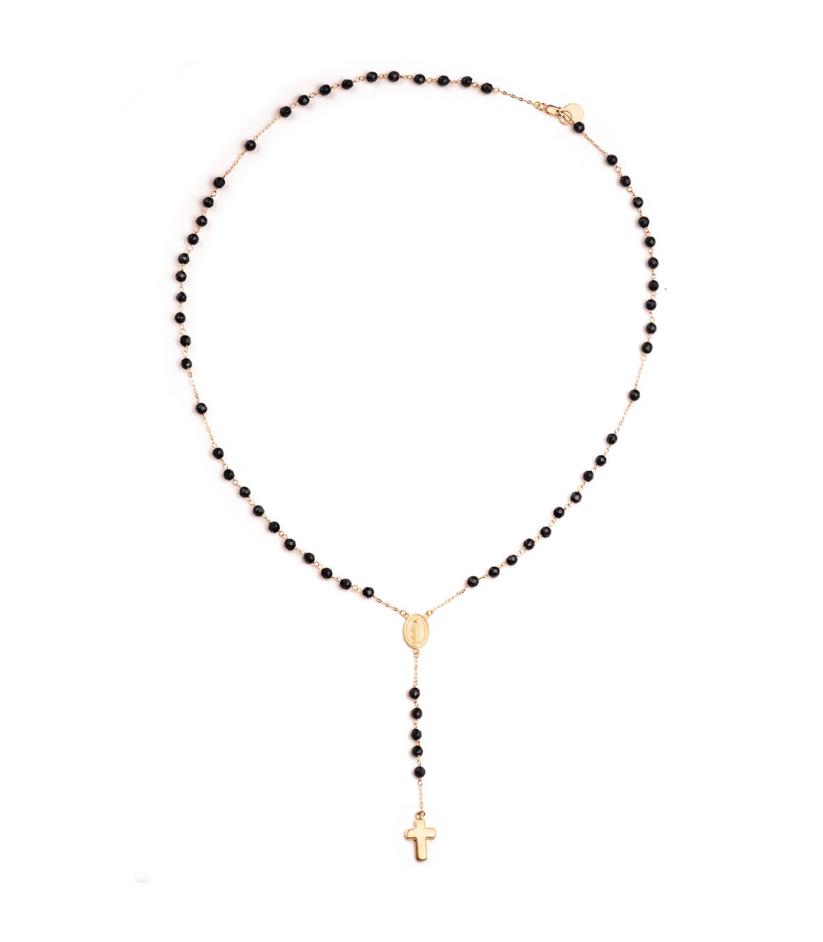 Collier chapelet en or jaune 750, avec croix et médaille miraculeuse, boules onyx – Longueur 60 cm