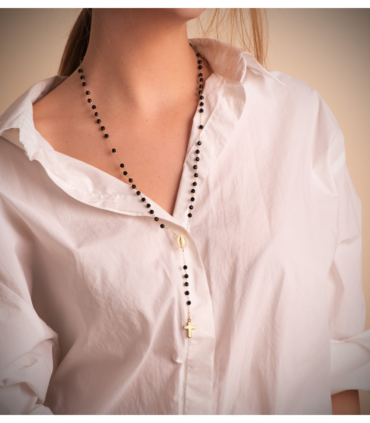 Collier chapelet en or jaune 750, avec croix et médaille miraculeuse, boules onyx – Longueur 60 cm