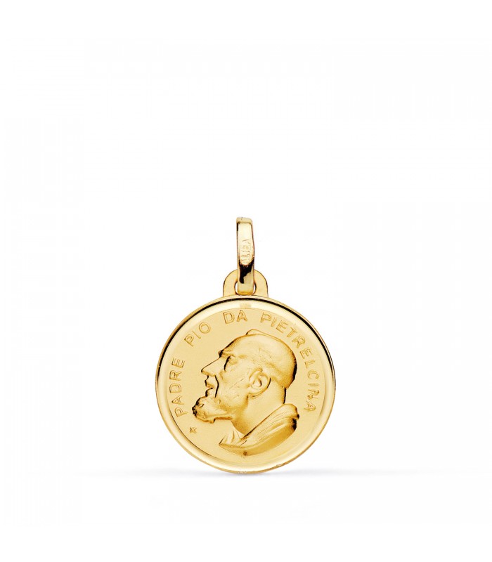 Medalla del Padre Pío en oro amarillo 18K, acabado mate y bisel, diámetro 16 mm.