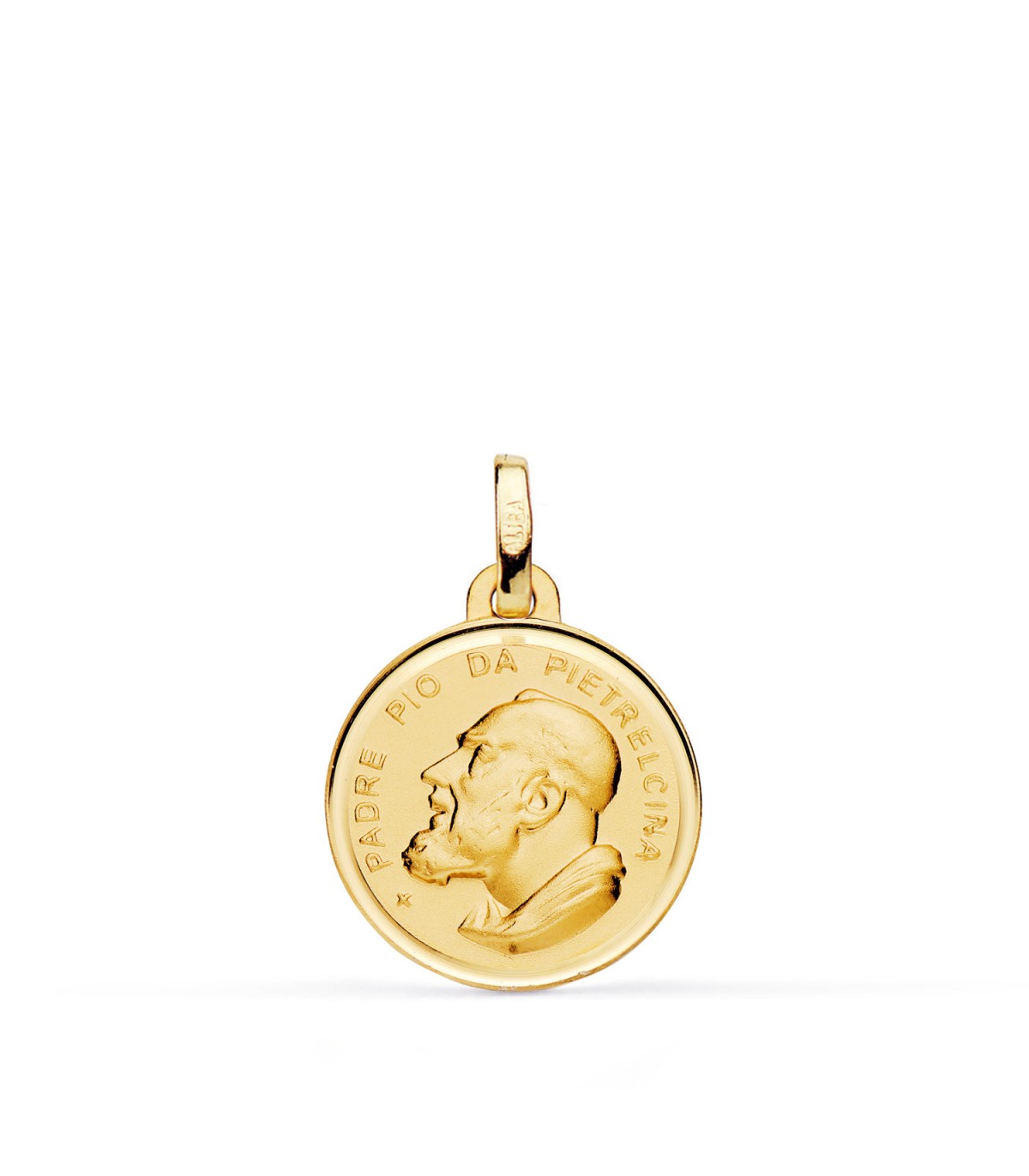 Medalla del Padre Pío en oro amarillo 18K, acabado mate y bisel, diámetro 16 mm.