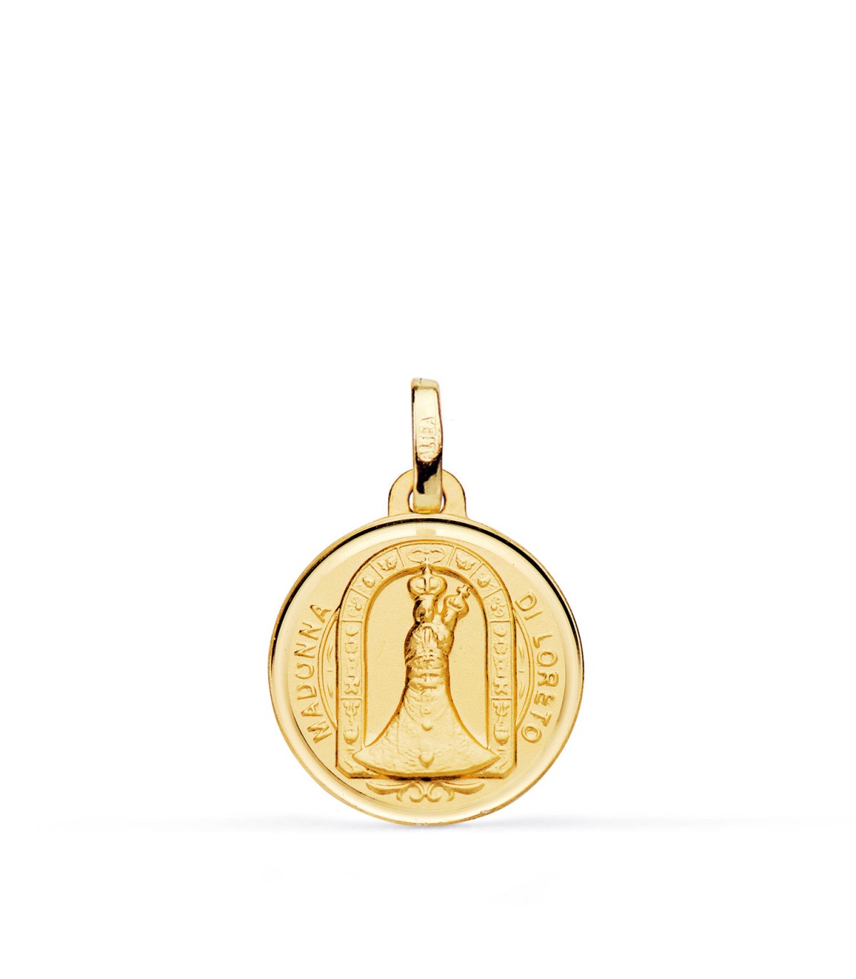 Medalla de la Virgen de Loreto en oro 18 kilates y borde Bisel 16 mm, espalda lisa para grabar