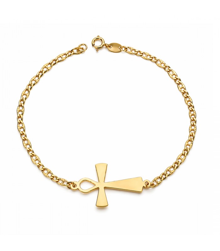 Cruz de la vida en oro, pulsera con cadena ancla