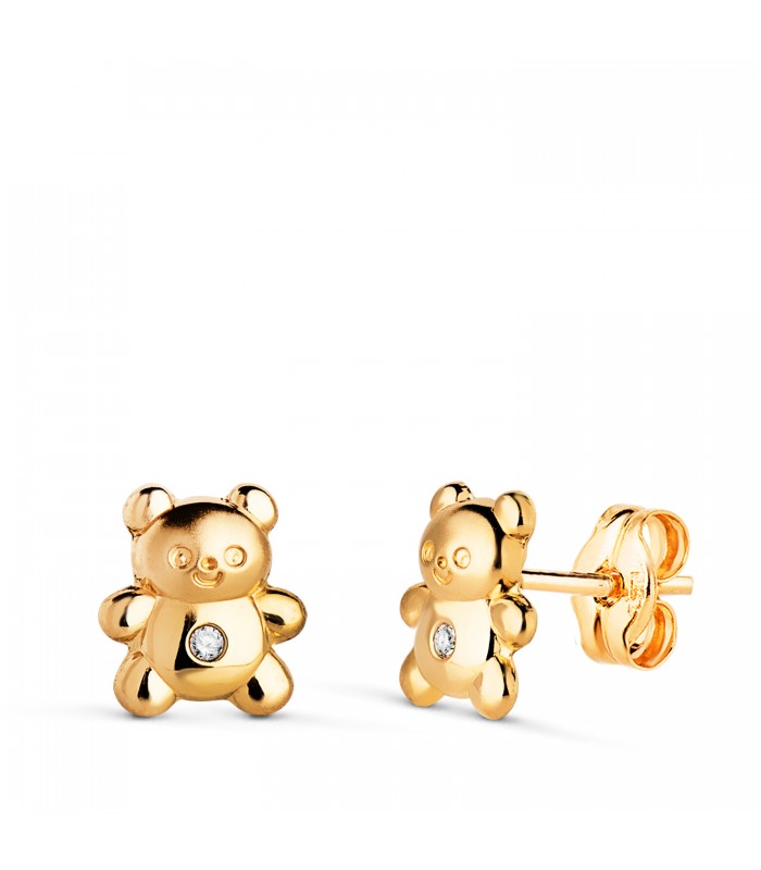 Pendientes de oro con forma de oso 7 mm 18 kilates con circonitas. Pendientes para niñas.