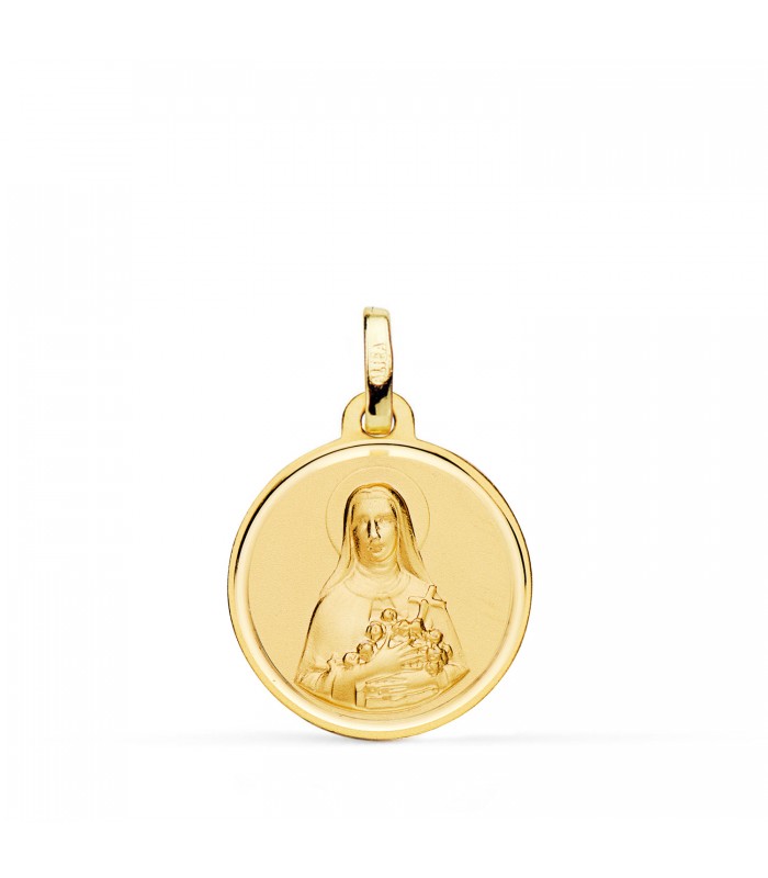 Medalla Santa Teresa Oro amarillo 18K 18 mm Bisel. Medallas de oro religiosas de fabricación artesanal.