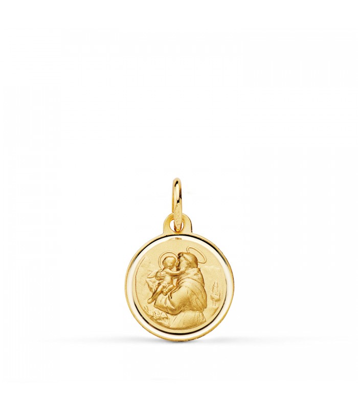 Medalla San Antonio Oro 18K 12 mm Bisel. Medallas de oro religiosas de fabricación artesanal.
