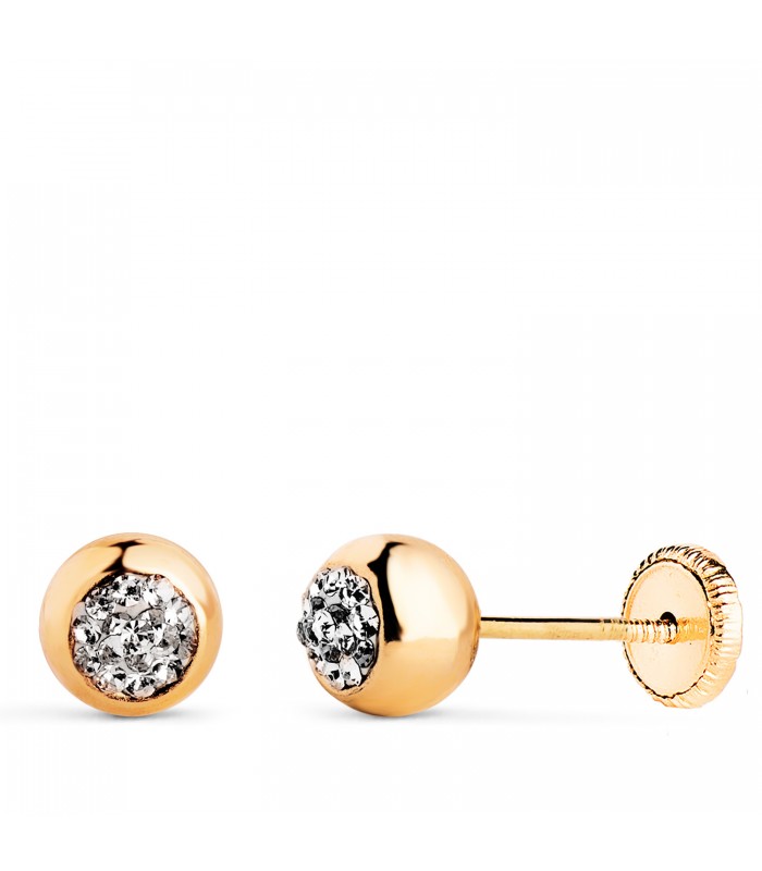 Pendientes de bola con circonitas en oro amarillo 18 kilates, diámetro 6 mm, ideales niña y mujer.