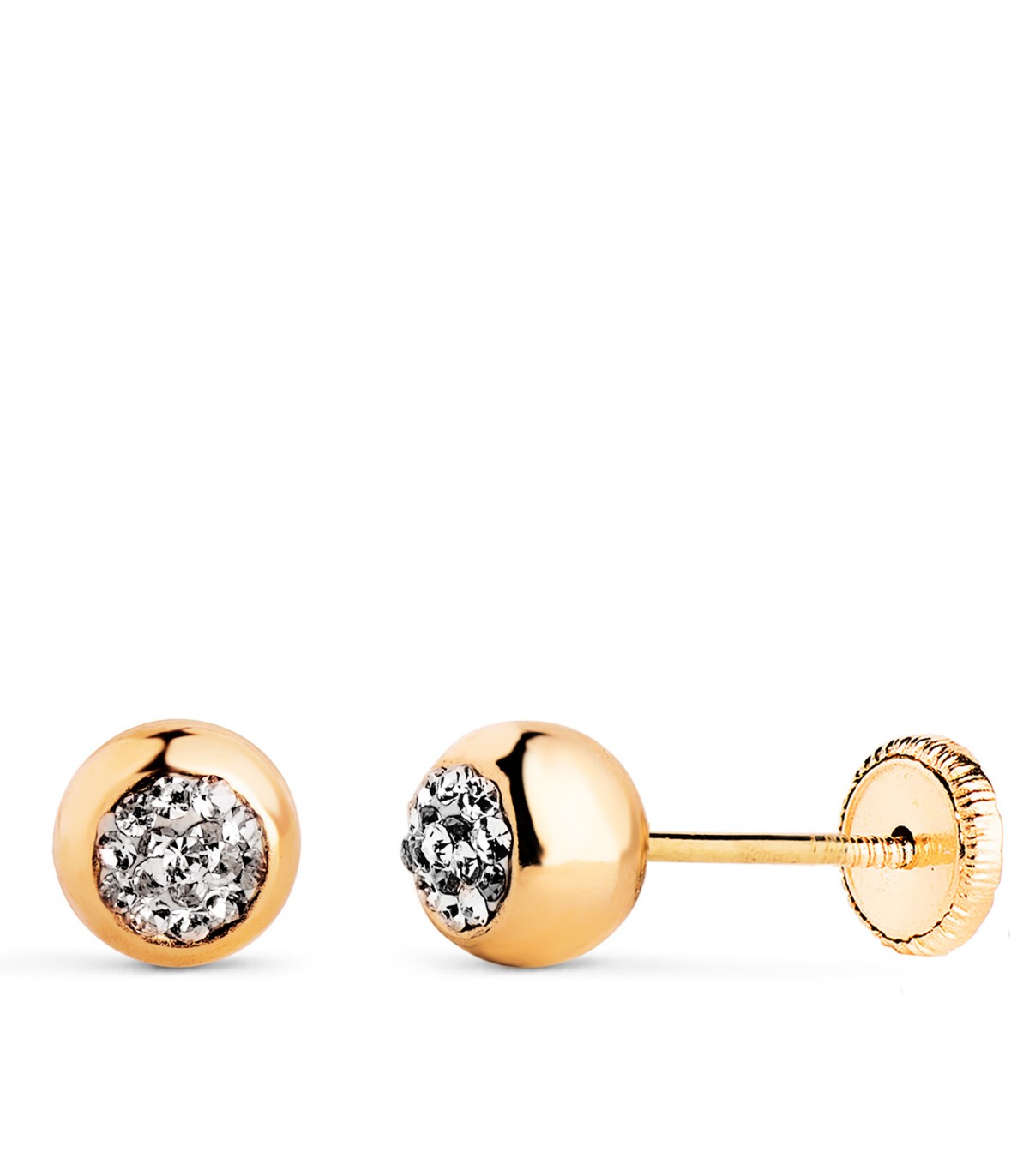 Pendientes de bola con circonitas en oro amarillo 18 kilates, diámetro 6 mm, ideales niña y mujer.