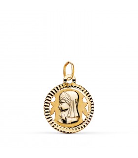 Medaglia della Vergine Maria in oro giallo 18 carati, 16 mm: rotonda e diamantata - Ciondolo per la comunione e il battesimo