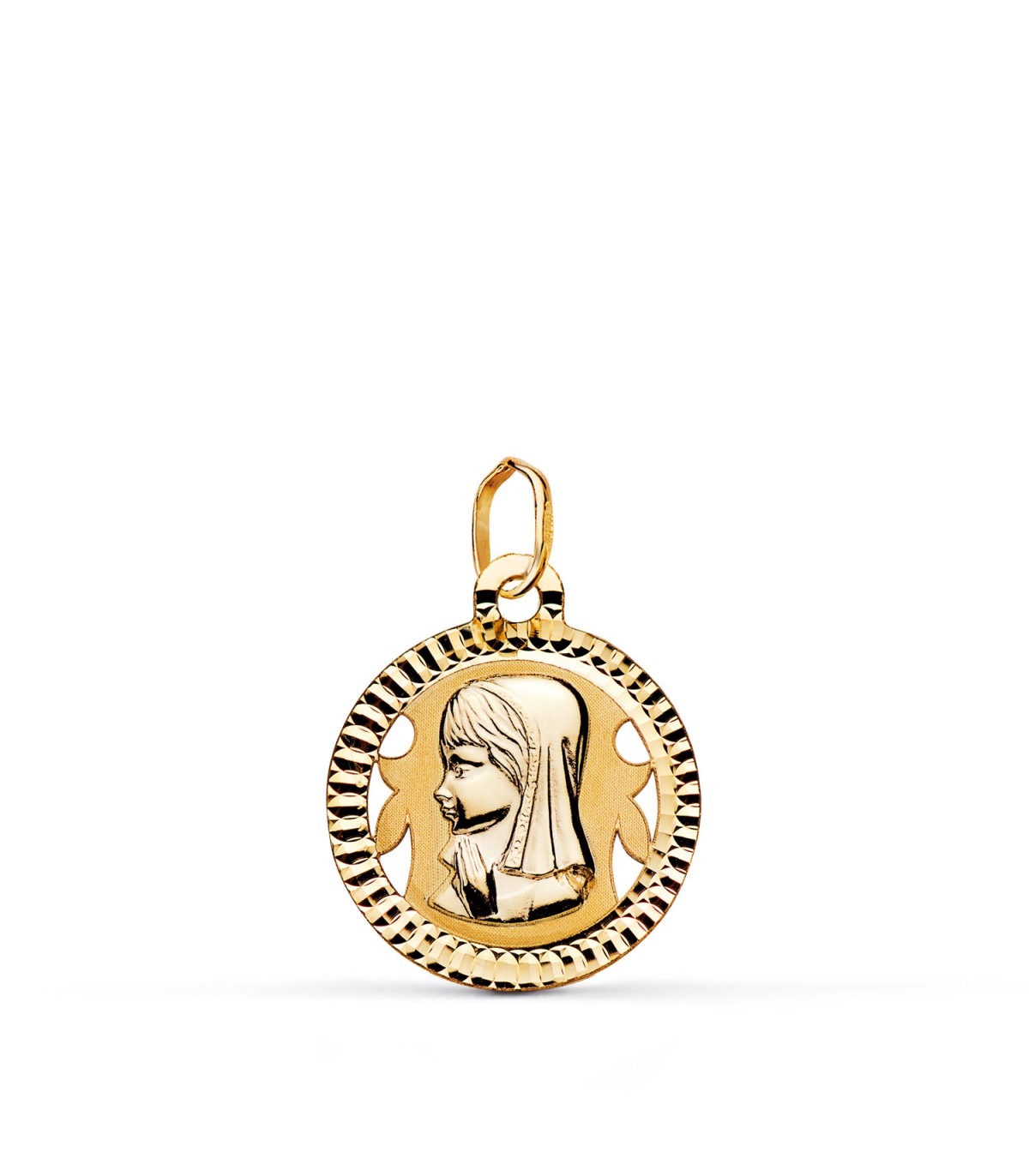 Medaglia della Vergine Maria in oro giallo 18 carati, 16 mm: rotonda e diamantata - Ciondolo per la comunione e il battesimo