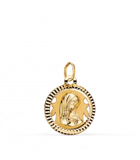 Médaille Vierge Marie en or jaune 18 carats, 16 mm : ronde et diamantée - Pendentif pour la communion et le baptême