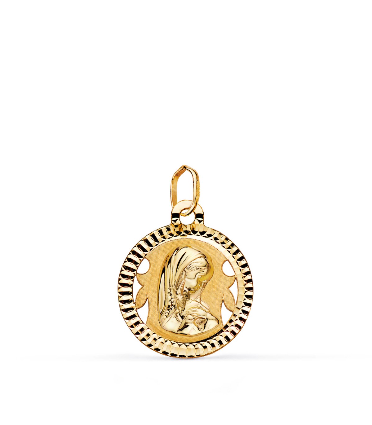 Medaglia della Vergine Maria in oro giallo 18 carati, 16 mm: rotonda e diamantata - Ciondolo per la comunione e il battesimo