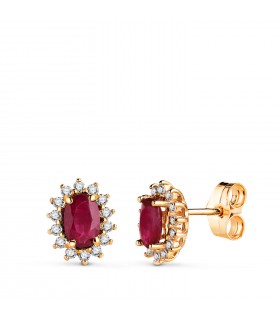 Pendientes rubíes oro amarillo 18K. Pendientes cuajo Roseta Rubí Jasmin con diamantes y piedra preciosa.