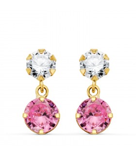 Boucles d'oreilles femme Ibiza Or 18K zircone rose. Boucles d'oreilles pendantes, pierres couleur.