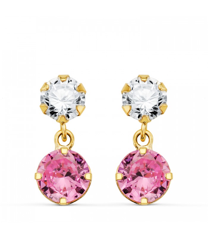 Pendientes de mujer Ibiza en oro 18K circonita rosa. Pendientes largos, piedras de colores.
